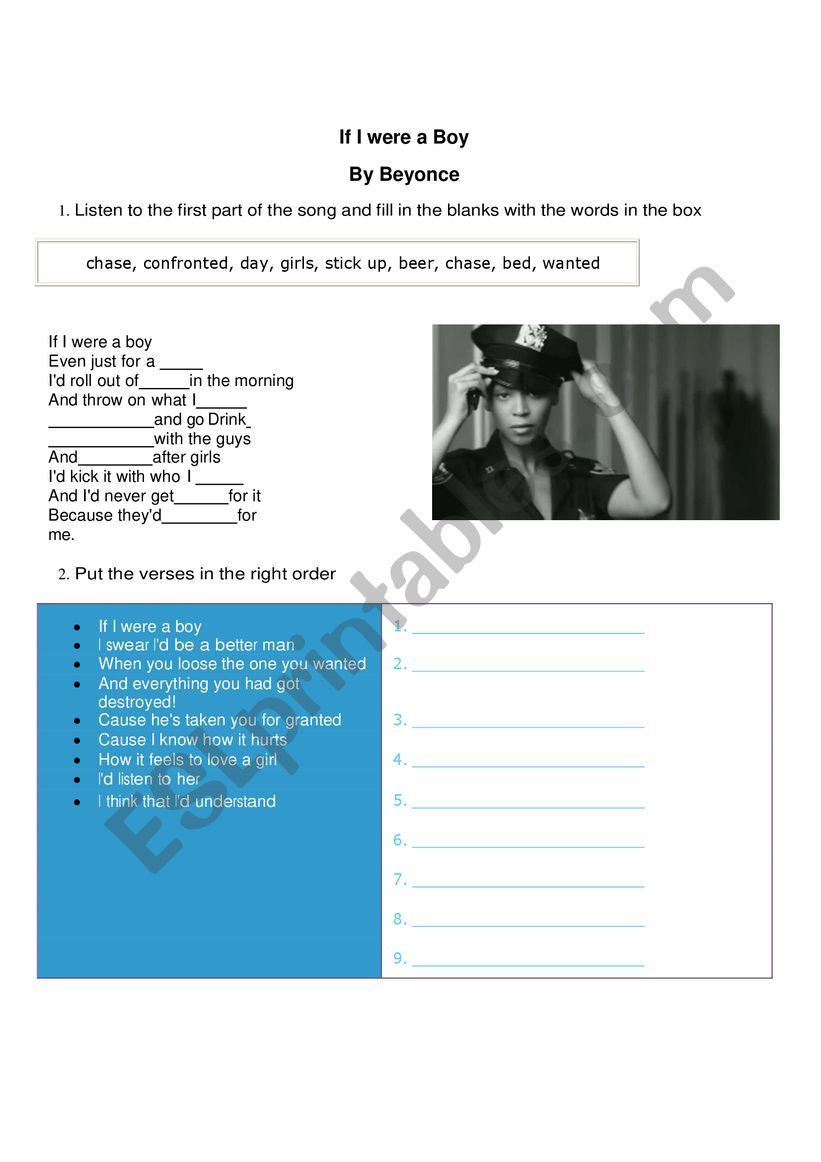 If I were a boy Beyonce worksheet