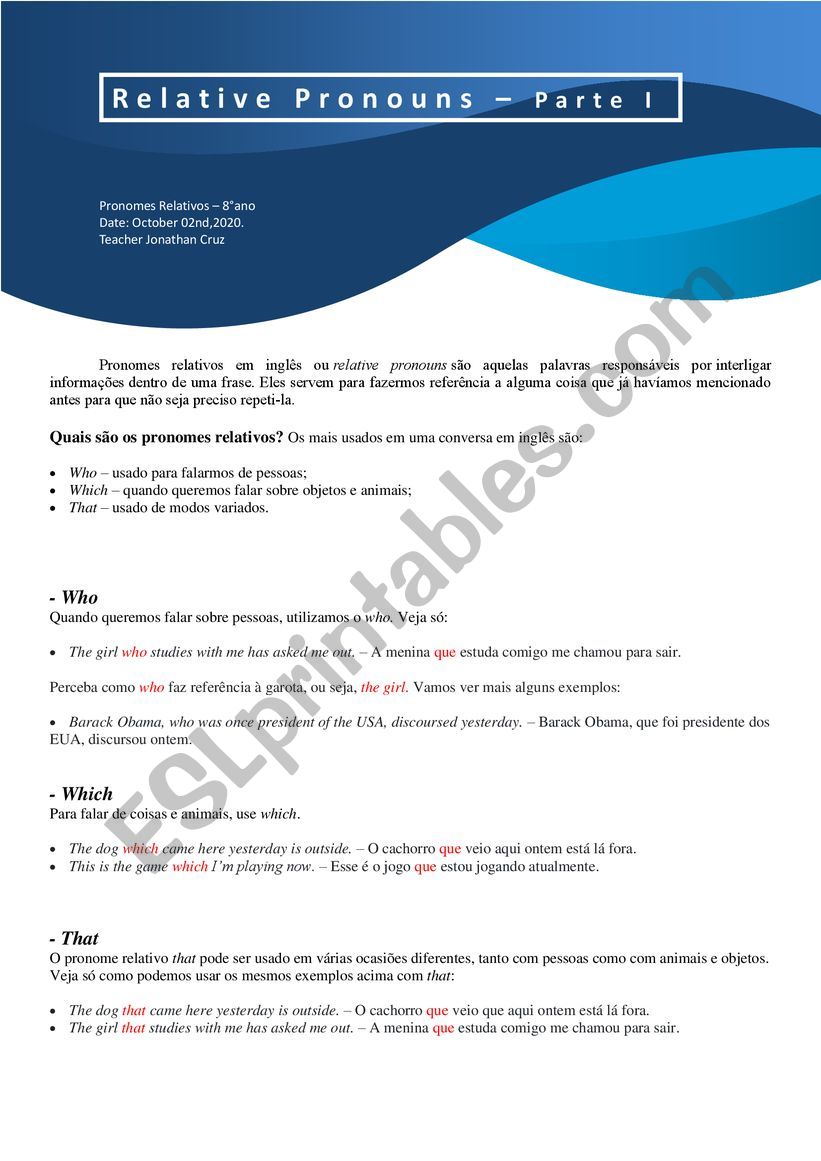 Pronomes relativos worksheet