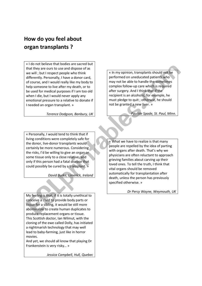 Organ transplant worksheet