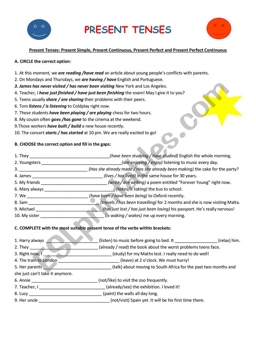 Present Tenses - exercises worksheet
