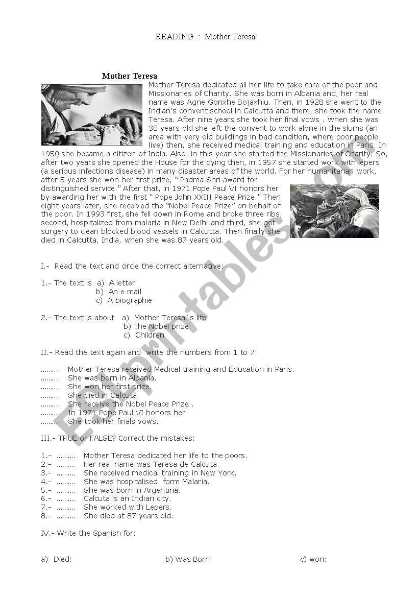 Mother Teresa worksheet