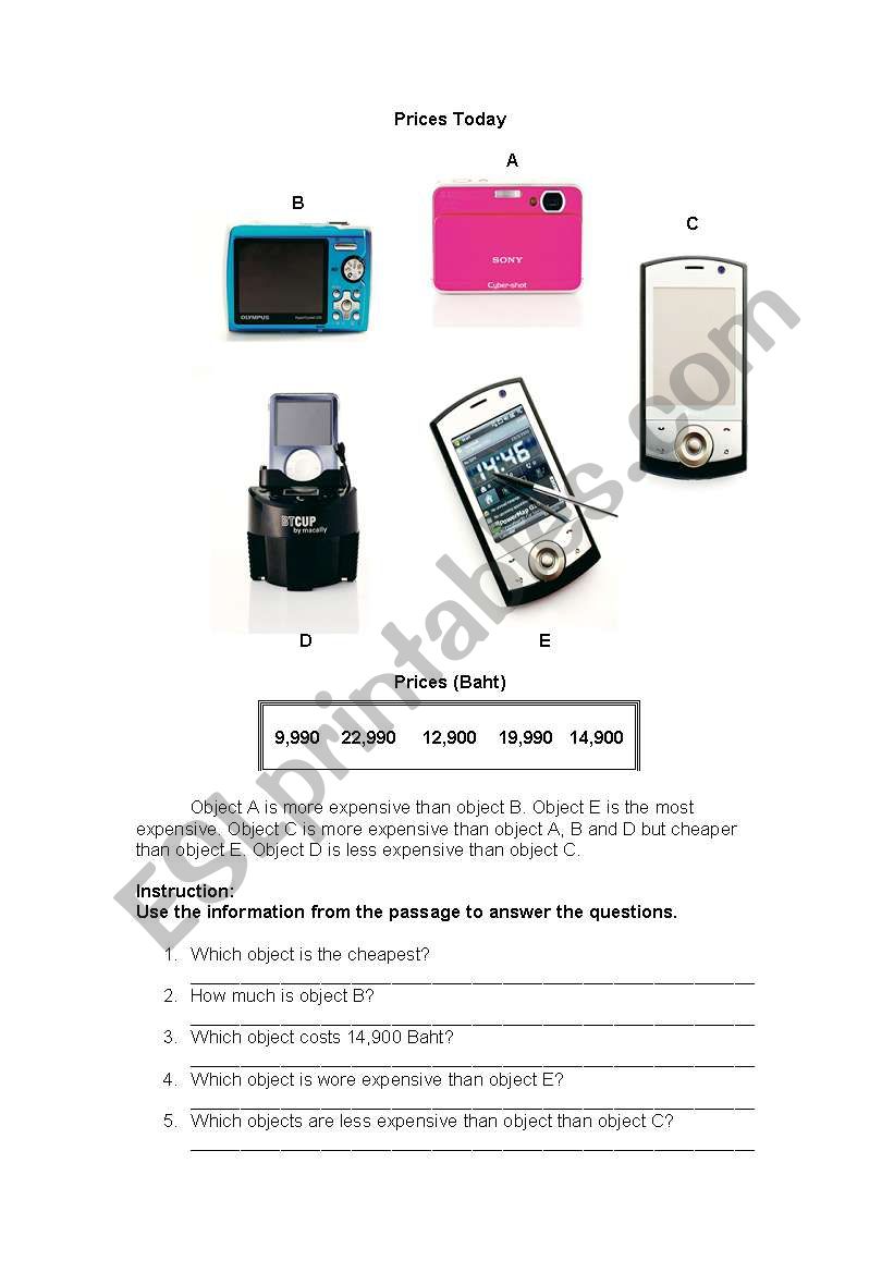 Comparion with prices today worksheet