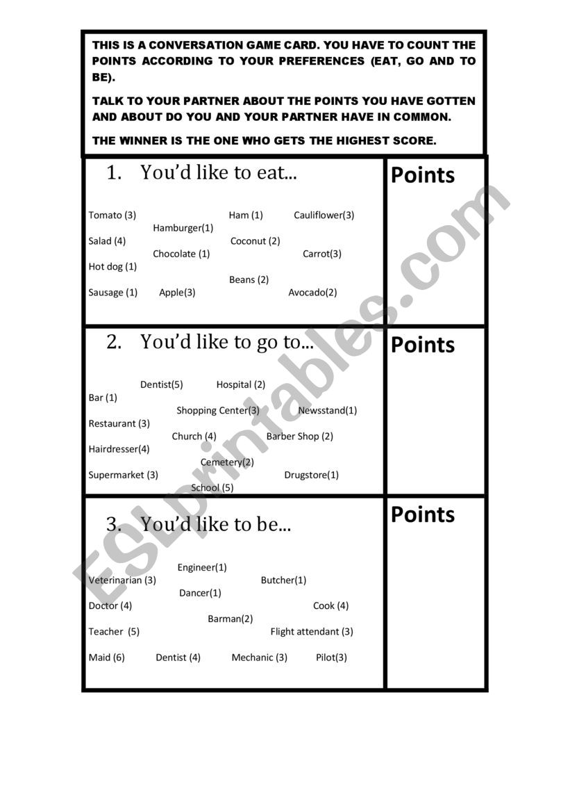 CONVERSATION GAME CARD worksheet