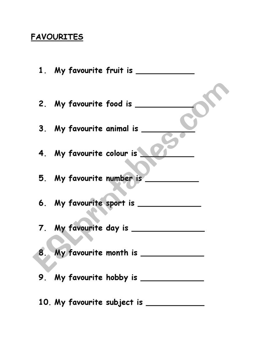 Favourites worksheet