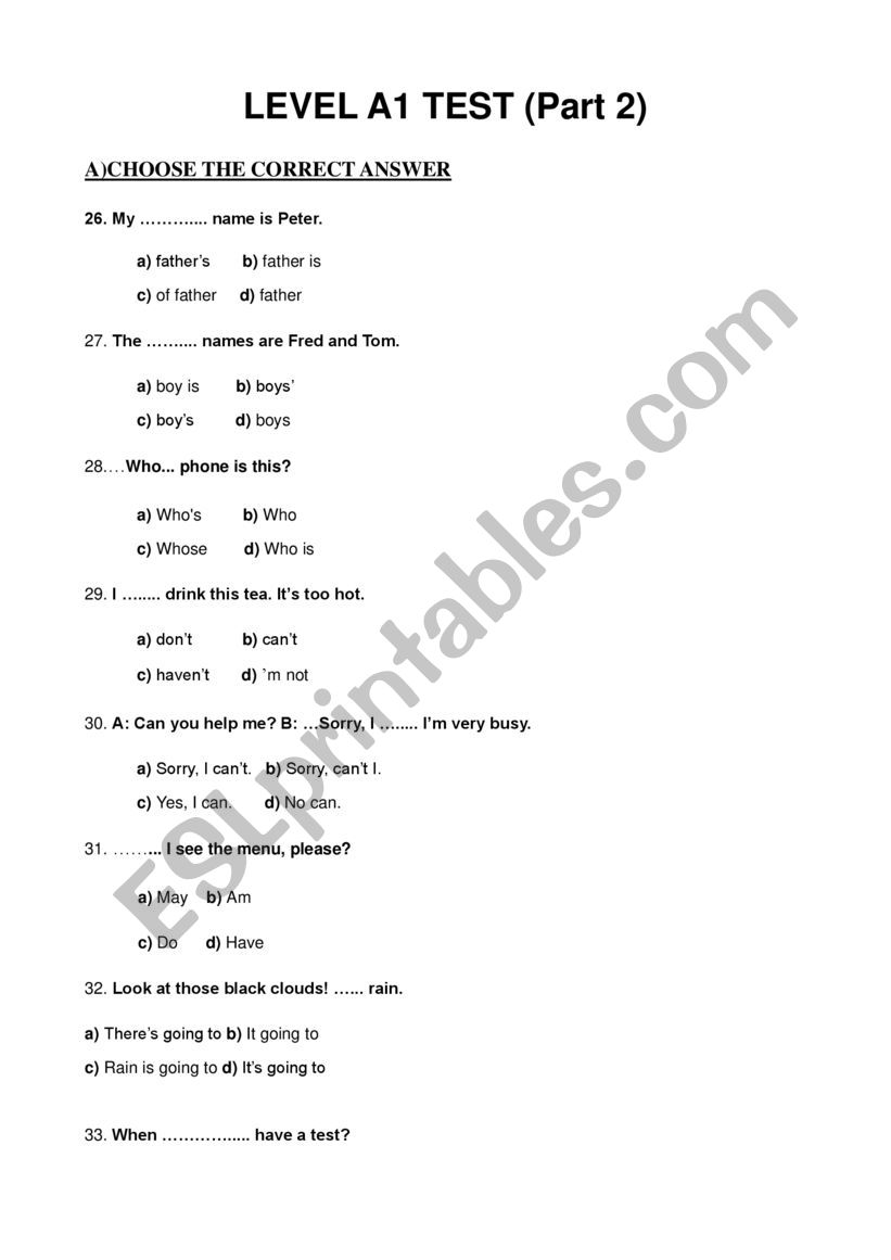 a1 test worksheet