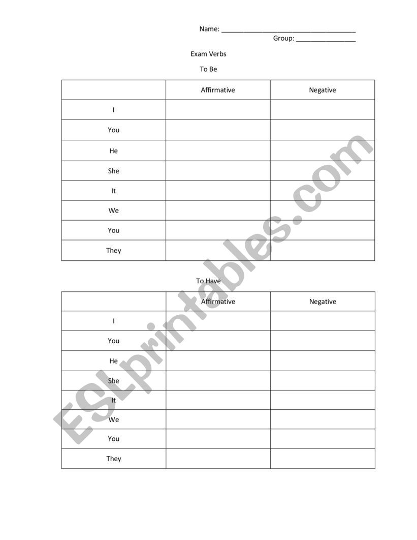 To be and To have table worksheet