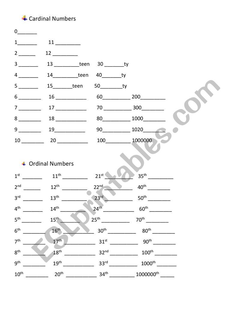 Ordinal and Cardinal Numbers worksheet