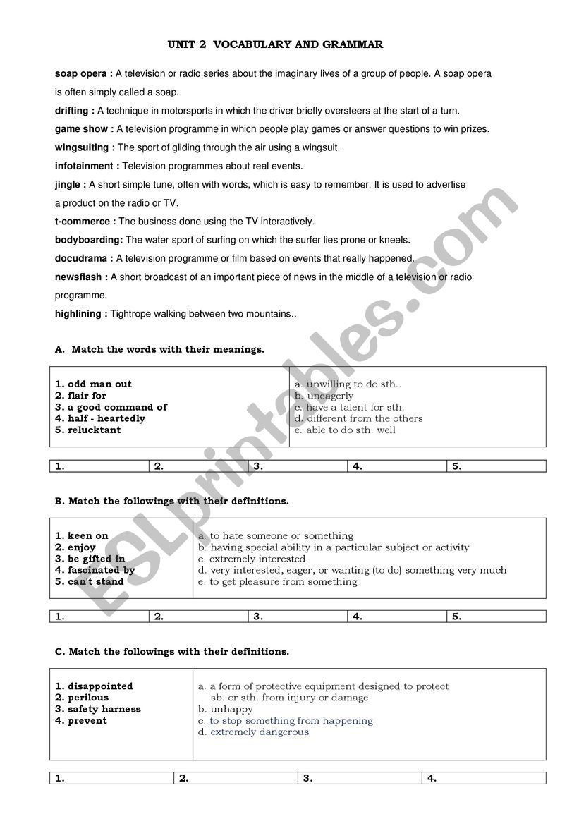 Vocabulary  and grammar notes worksheet