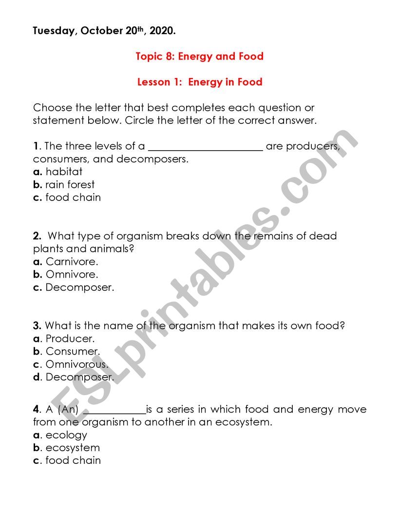 Energy and Food worksheet
