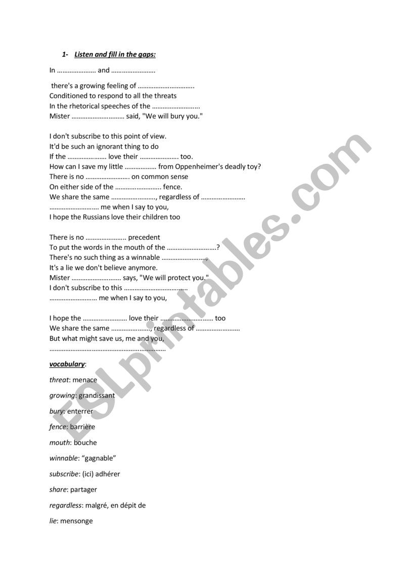 song worksheet Russians by Sting