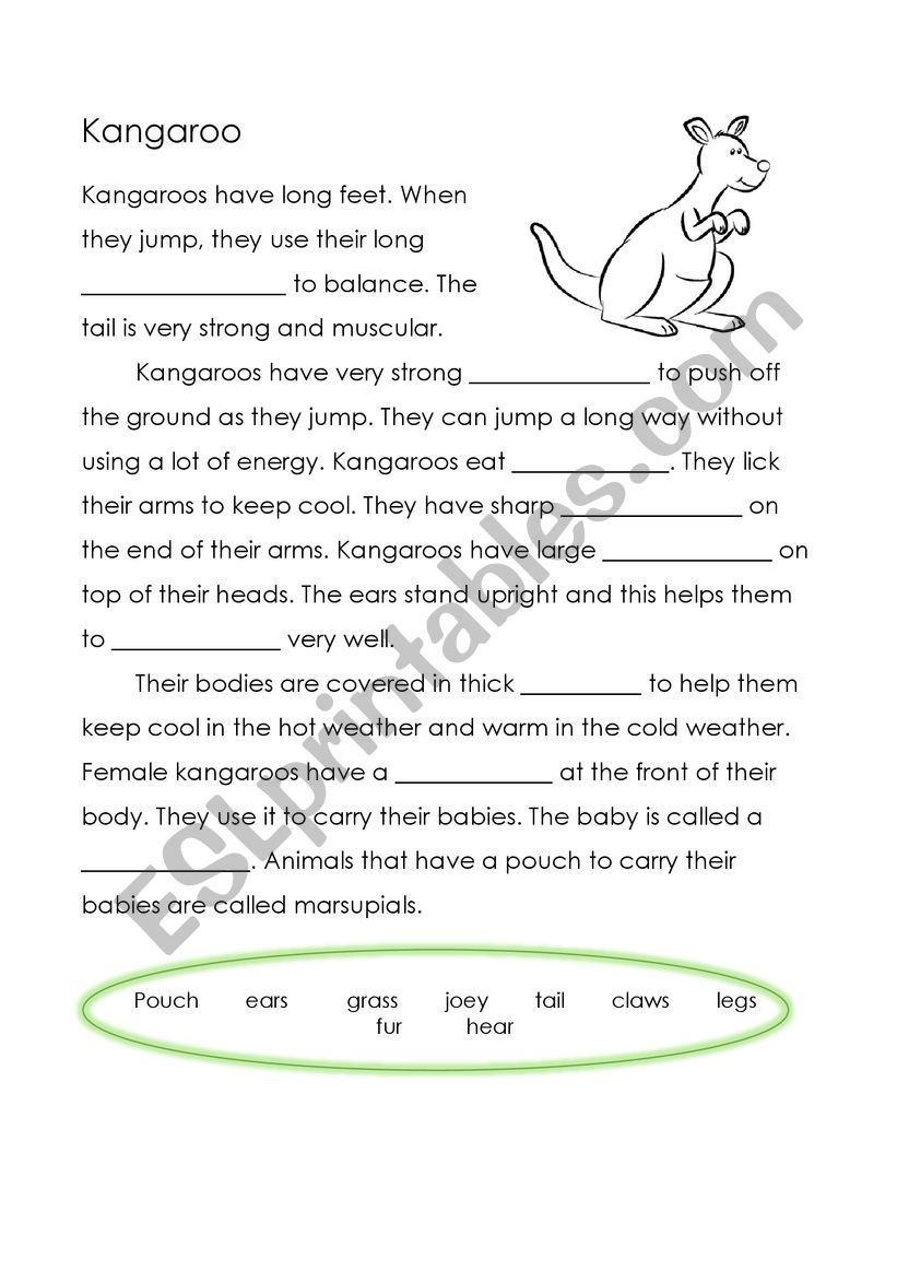 Kangaroo Cloze worksheet