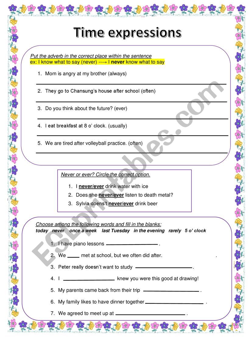 Time Expressions Worksheet For Grade 4