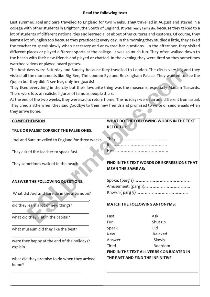 comprehension: Summer Holiday worksheet