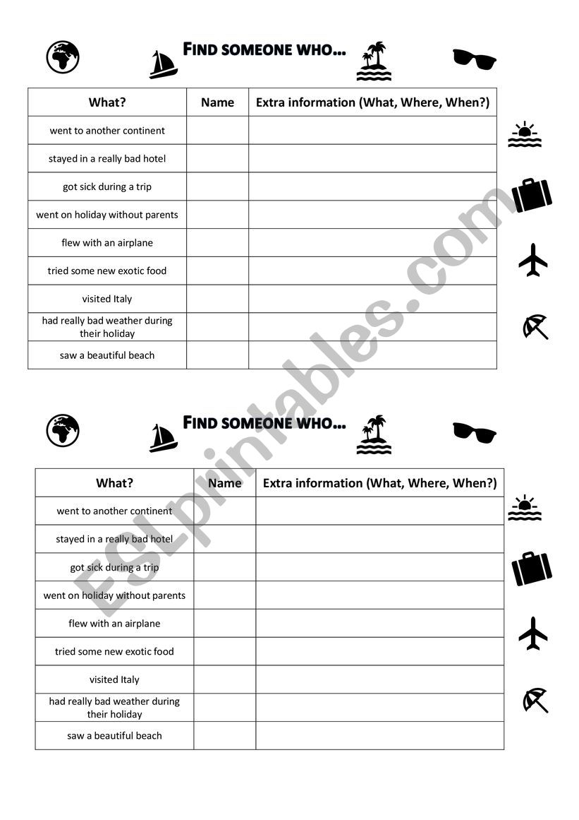 Find someone who (Travelling) worksheet