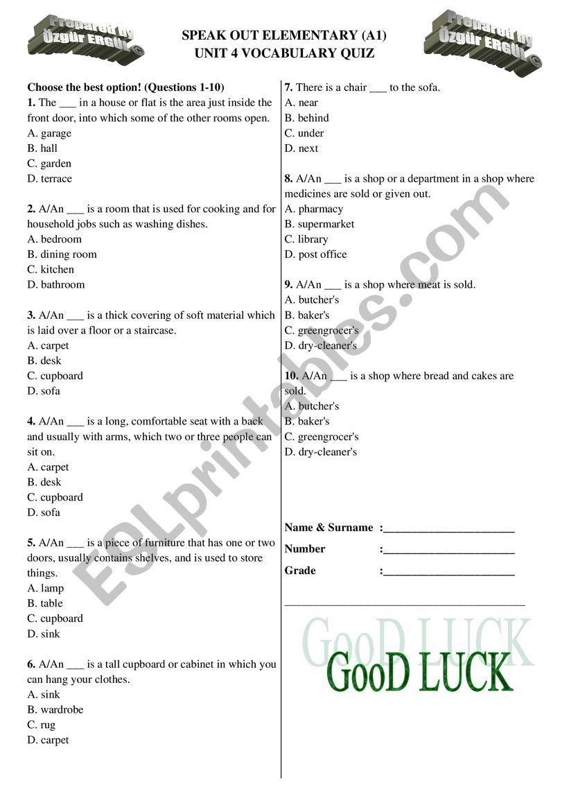 Speakout Elementary Unit 4 Vocabulary Quiz