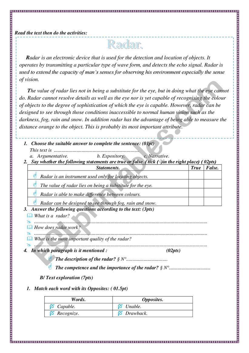 Radar  worksheet