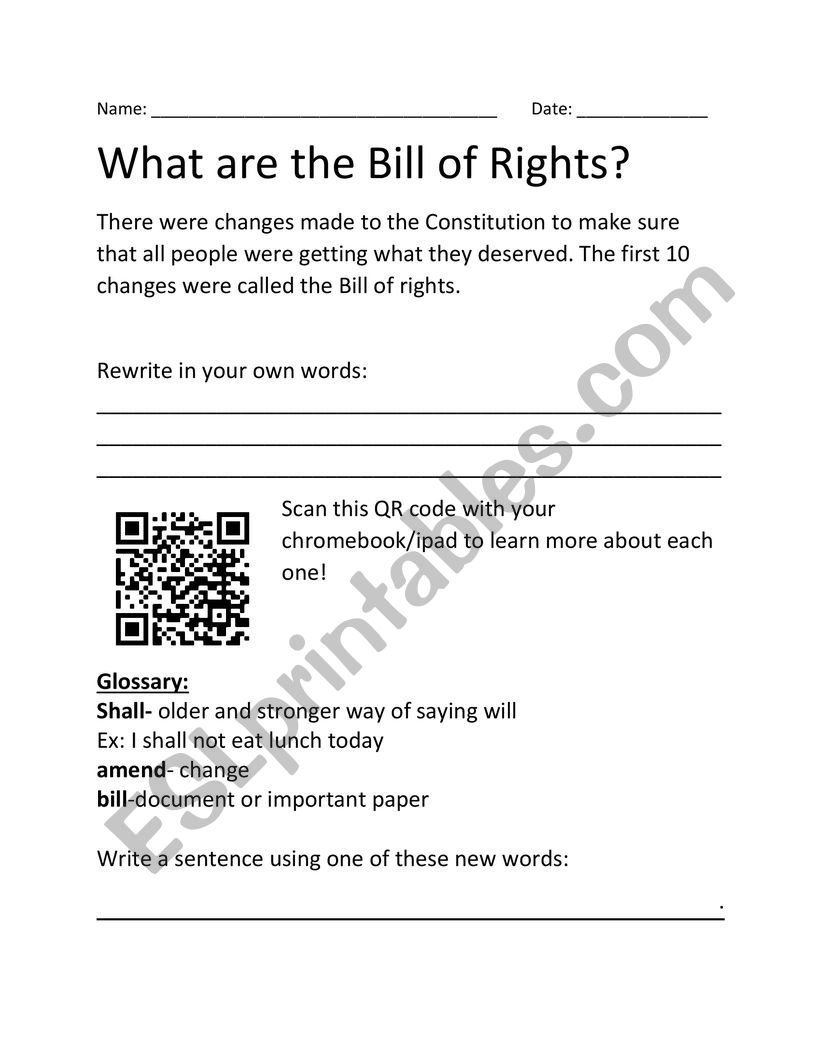 What is the Bill of Rights? - ESL worksheet by carobinson For Bill Of Rights Worksheet