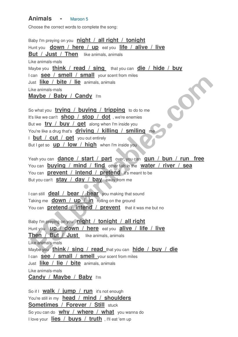 Animals - Maroon 5 - ESL worksheet by LeticiaSSS Animals - Maroon 5 - ESL worksheet by LeticiaSSS