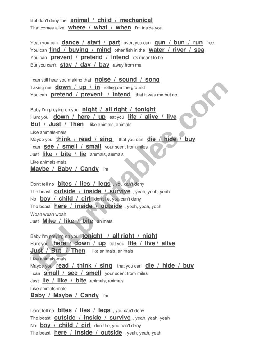 Animals - Maroon 5 - ESL worksheet by LeticiaSSS Animals - Maroon 5 - ESL worksheet by LeticiaSSS