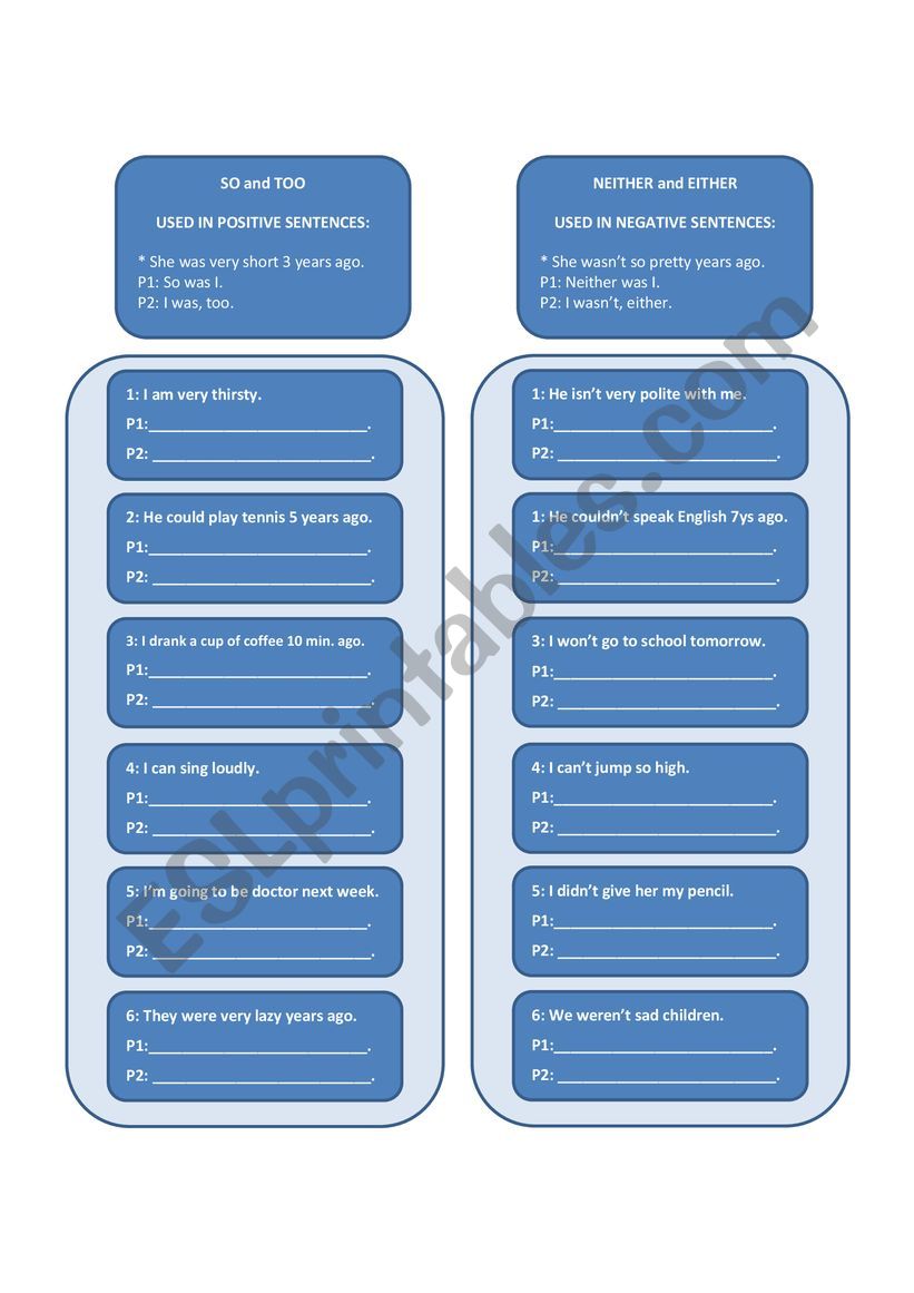 eithe, neither, so and too worksheet