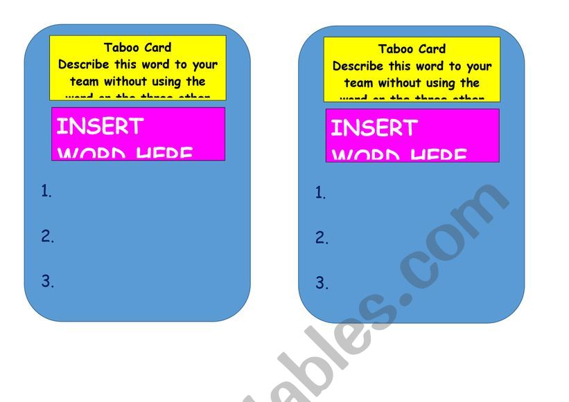Taboo Cards  worksheet