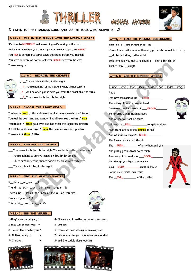 Thriller (Michael Jackson) worksheet