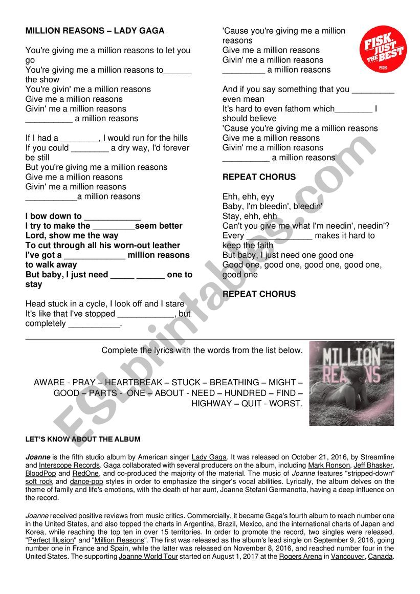 Million reasons worksheet