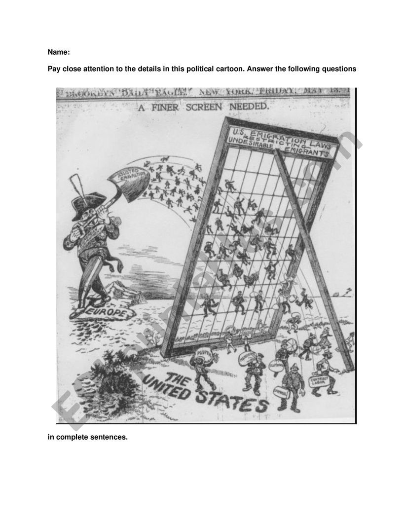 Immigration political cartoon with answer sheet 