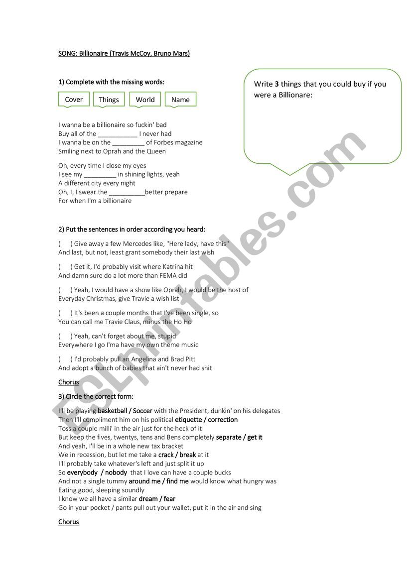 SONG BILLIONARE  worksheet