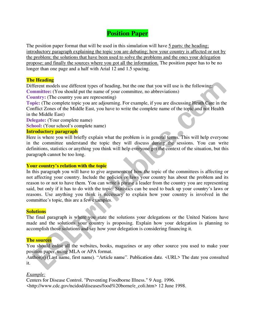 English worksheets: How to Write a Position Paper in MUN