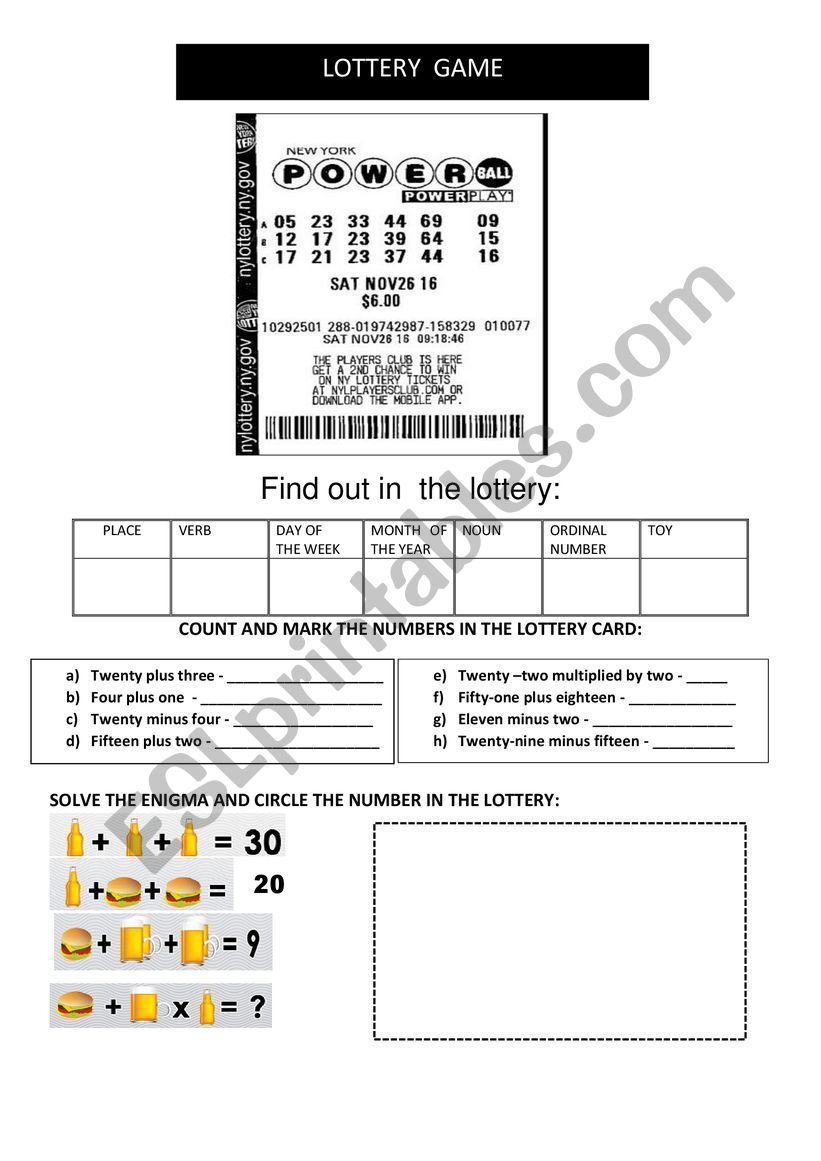 LOTTERY NUMBER GAME worksheet