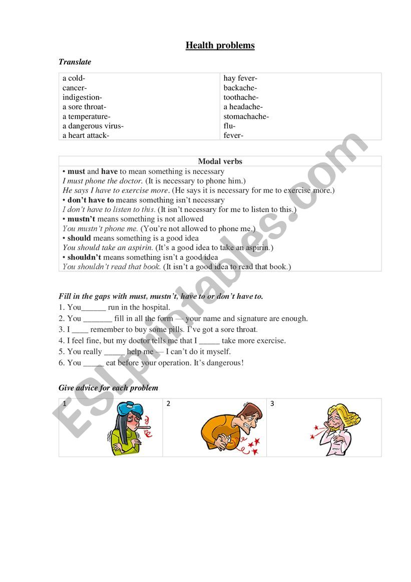 Health problems worksheet