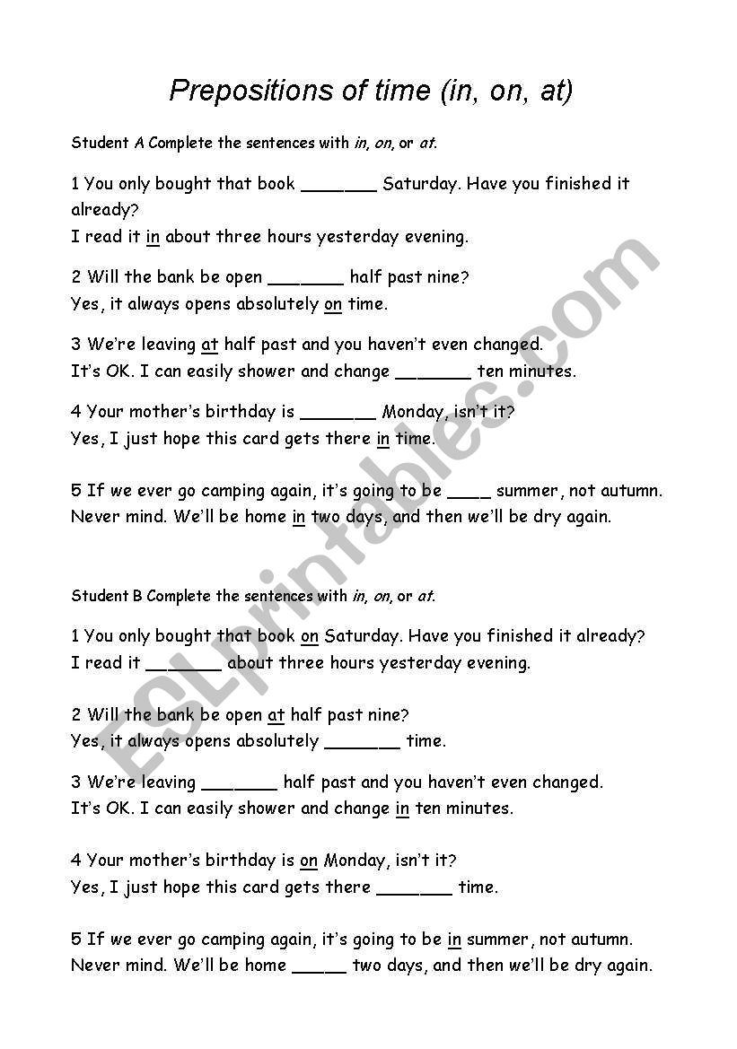 Prepositions of time worksheet