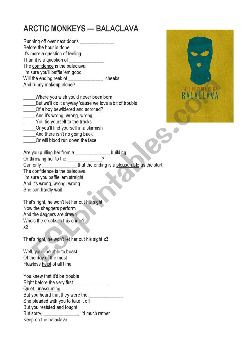 Arctic Monekys Balaclava song worksheet