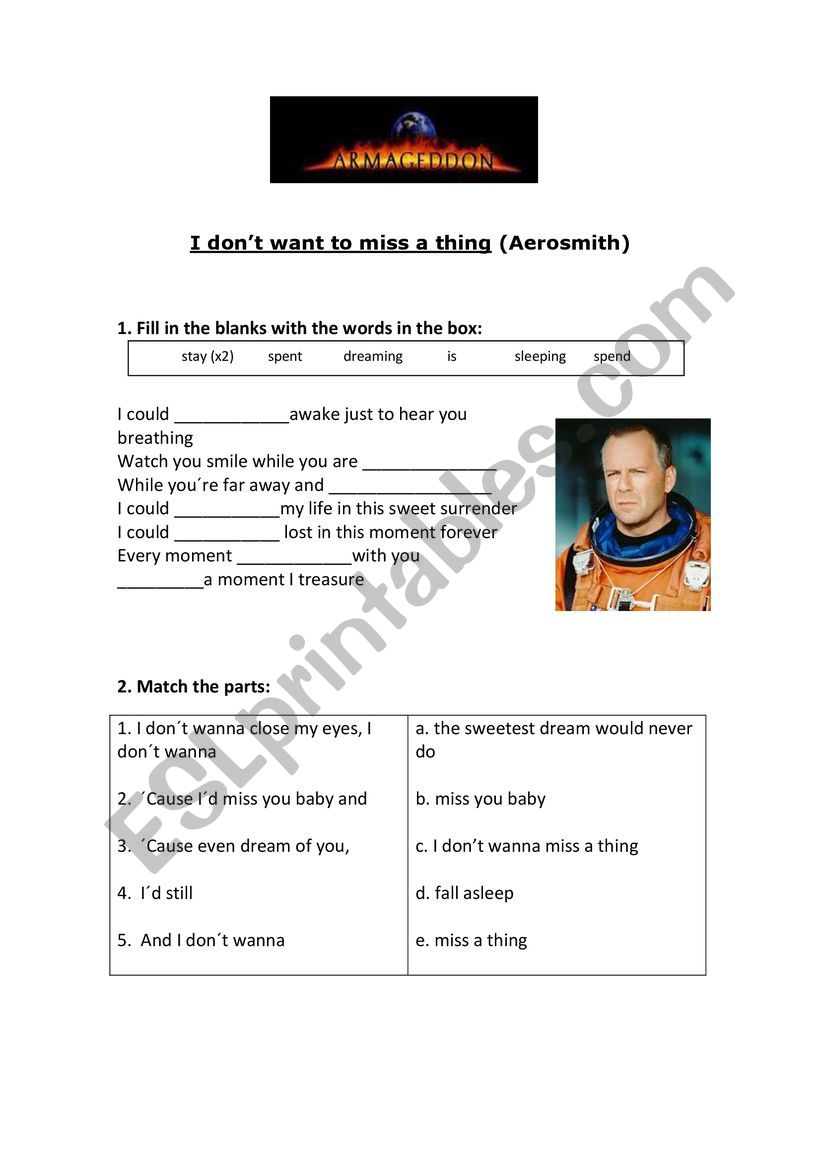 I don�t wanna miss a thing worksheet