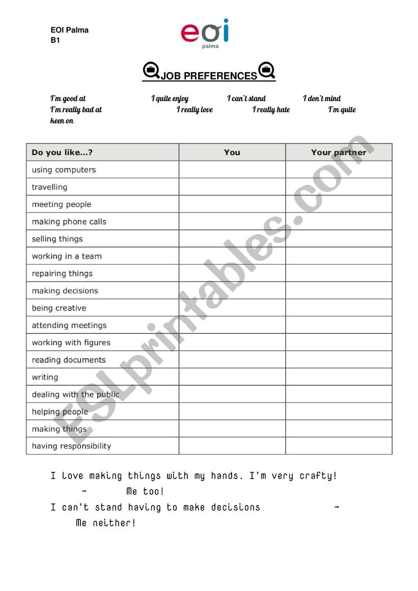 JOB PREFERENCES worksheet