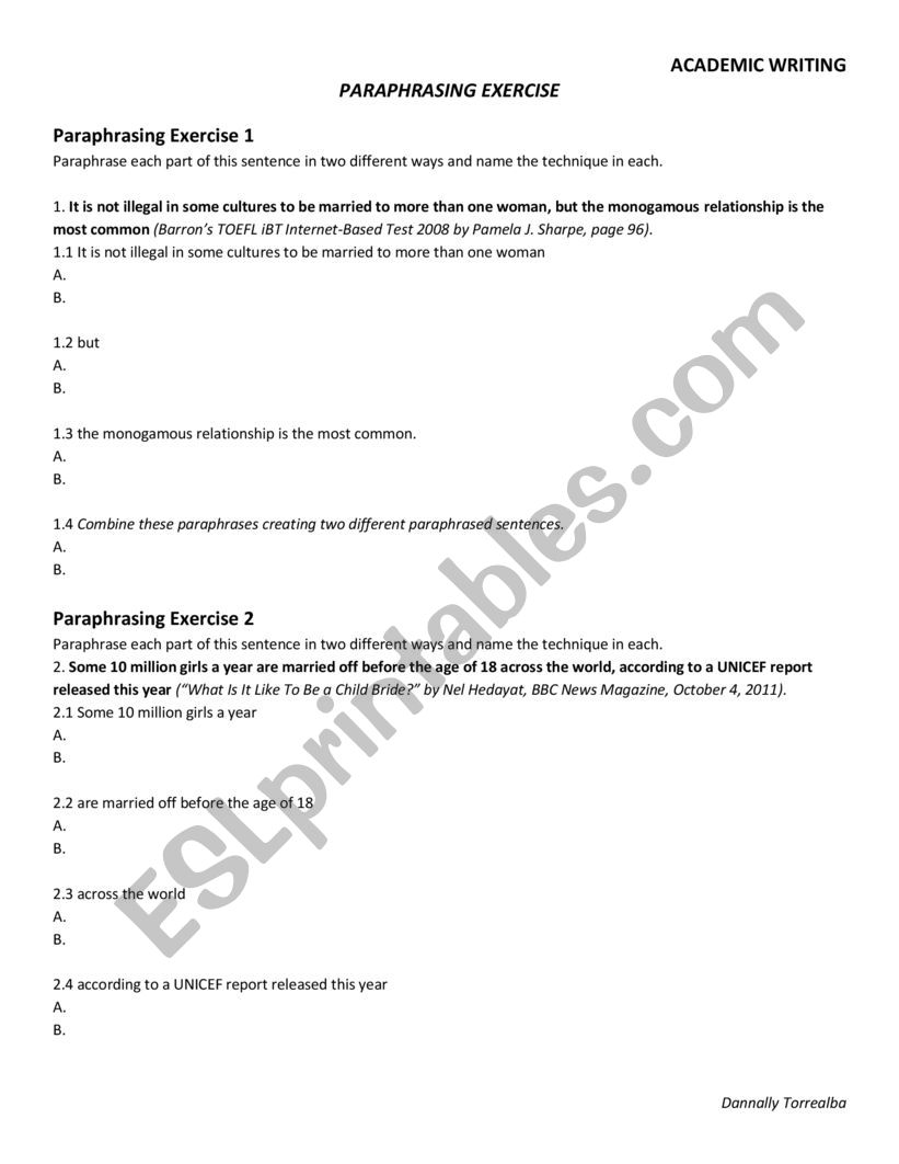 Paraphrasing Exercise worksheet