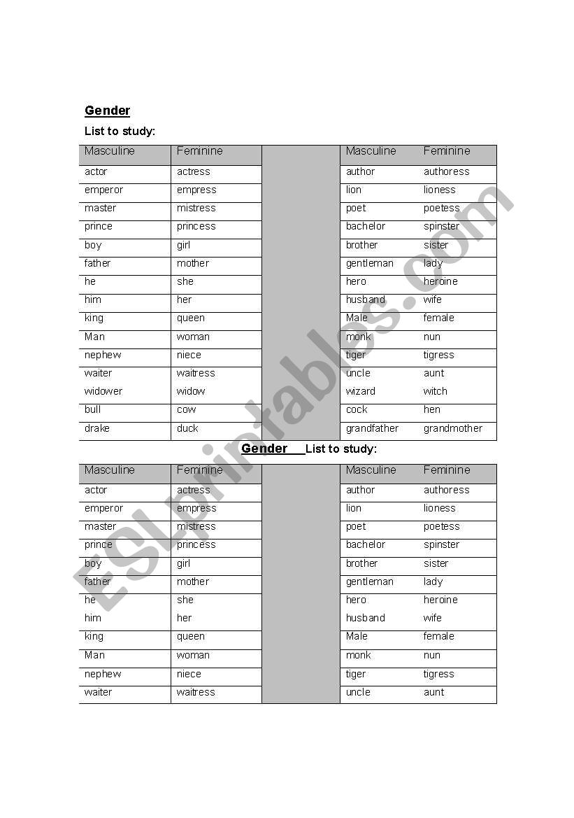 gender worksheet