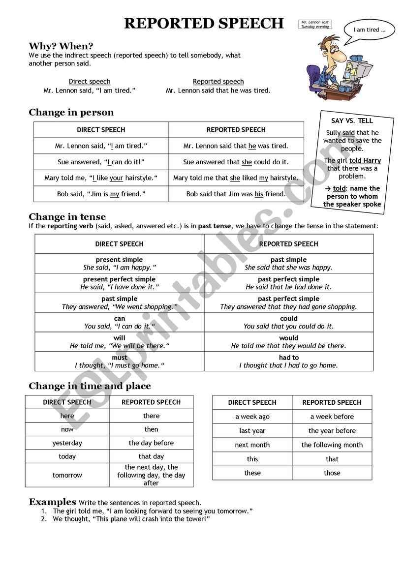 Reported speech handout worksheet