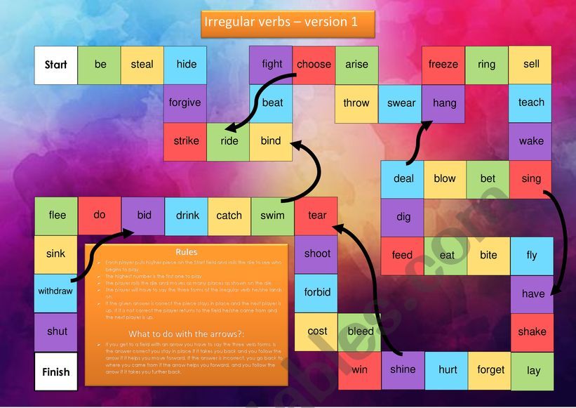 Irregular verbs board game worksheet