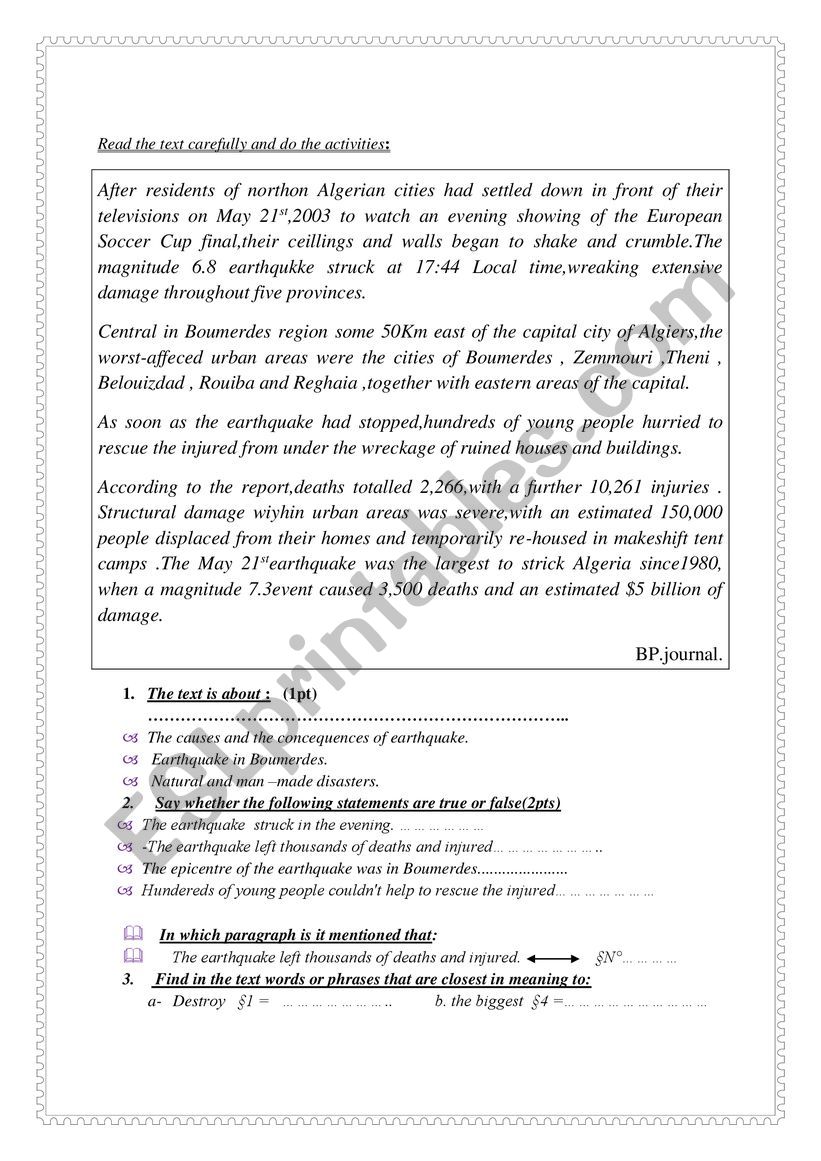 Earthquake in Boumerdes. worksheet