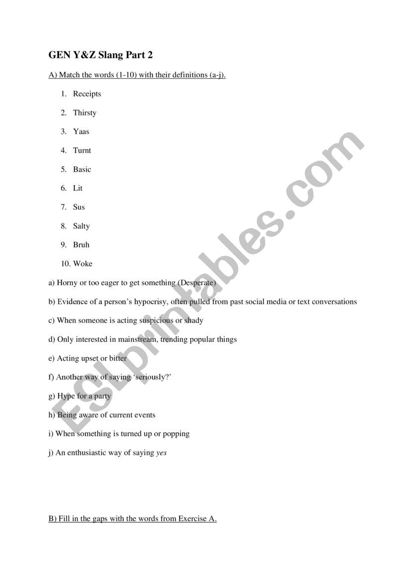 Generation Y&Z Slang worksheet