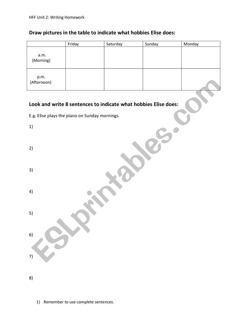 hobbies and schedule writing worksheet