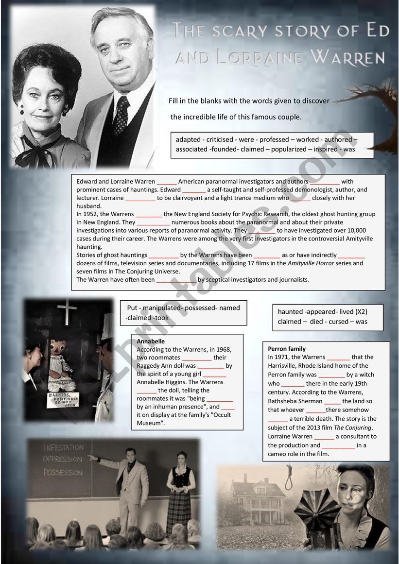 Ed and Lorraine Warren story - Reading comprehension + Past simple + Keys