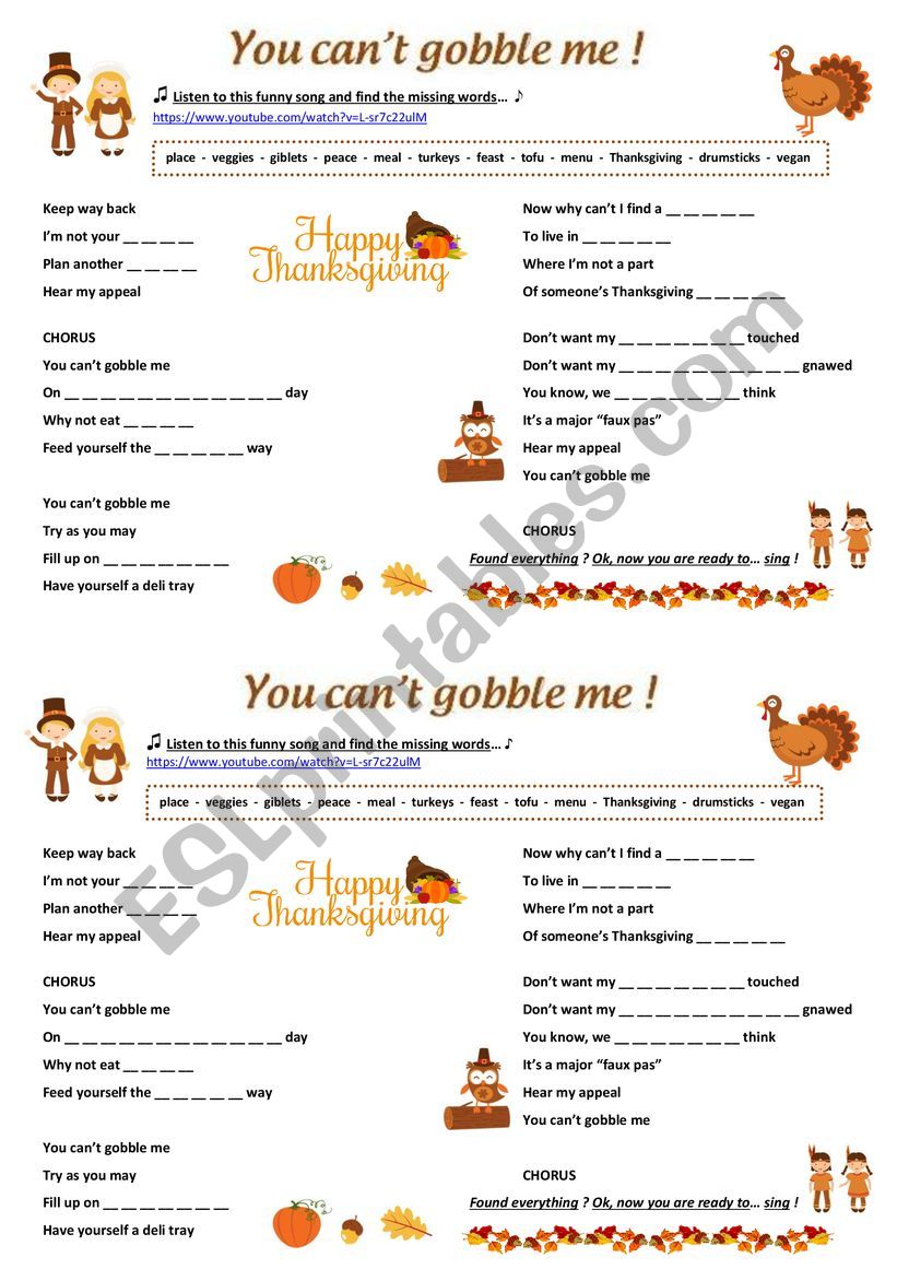 You cant gobble me ! worksheet