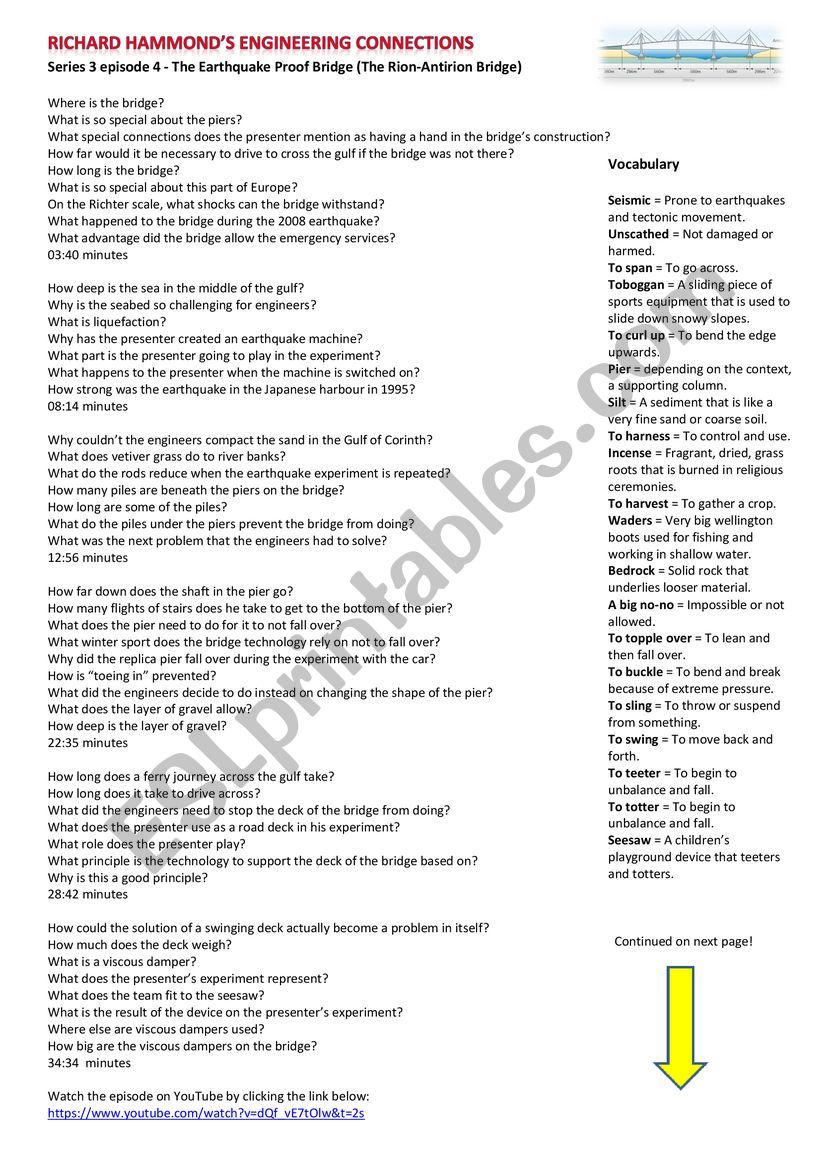 Earthquake-proof Bridges Reading and Video Worksheet