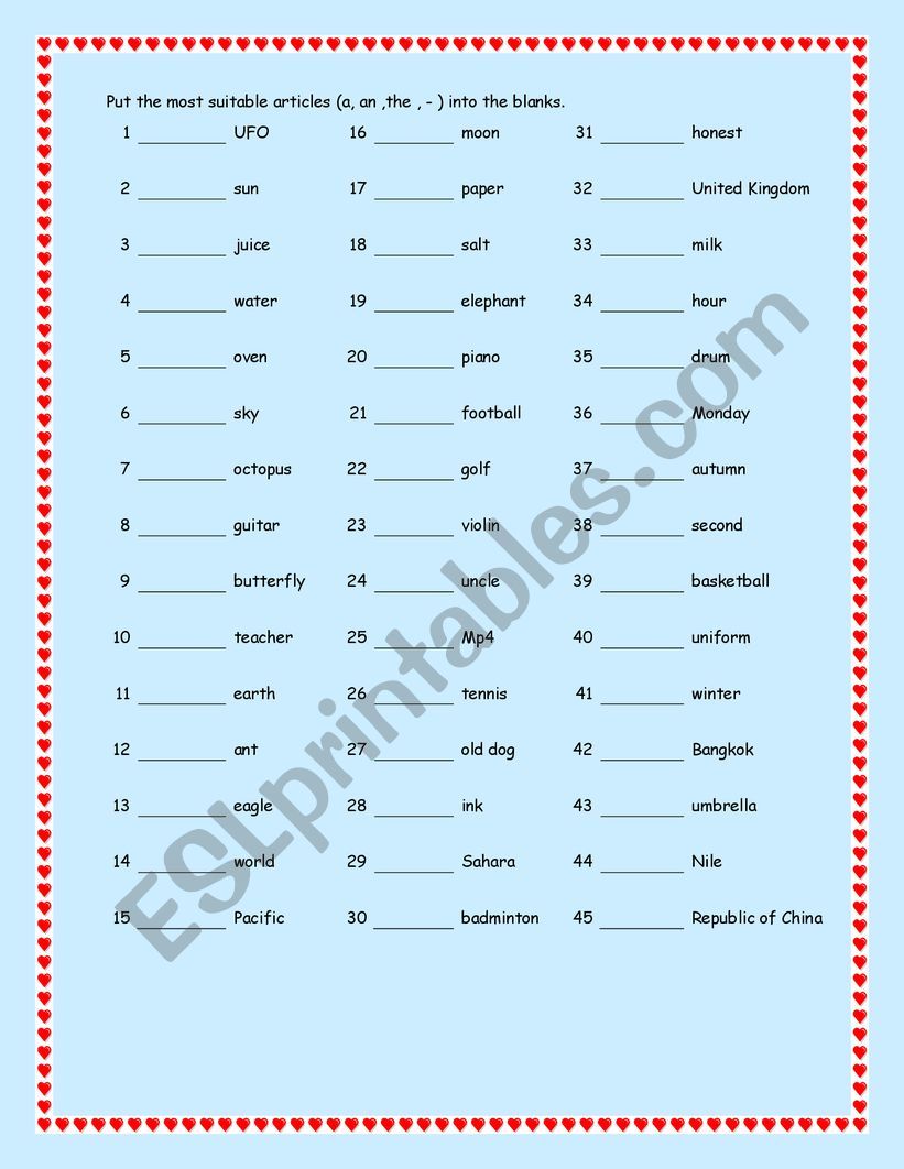 Articles exercise worksheet