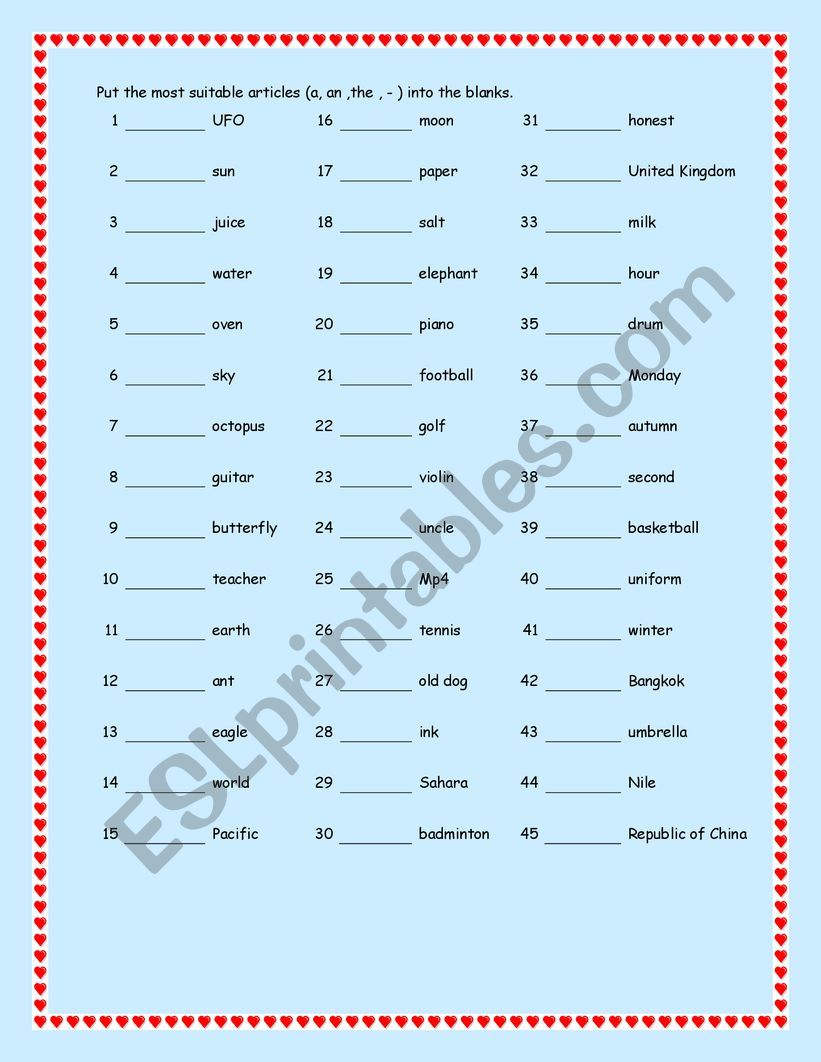 Articles exercise worksheet