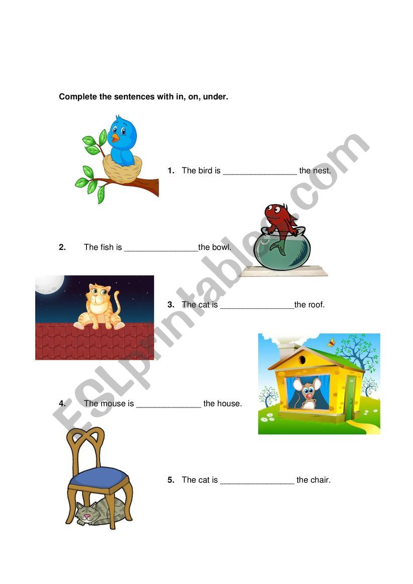 Preposition in, on, under worksheet