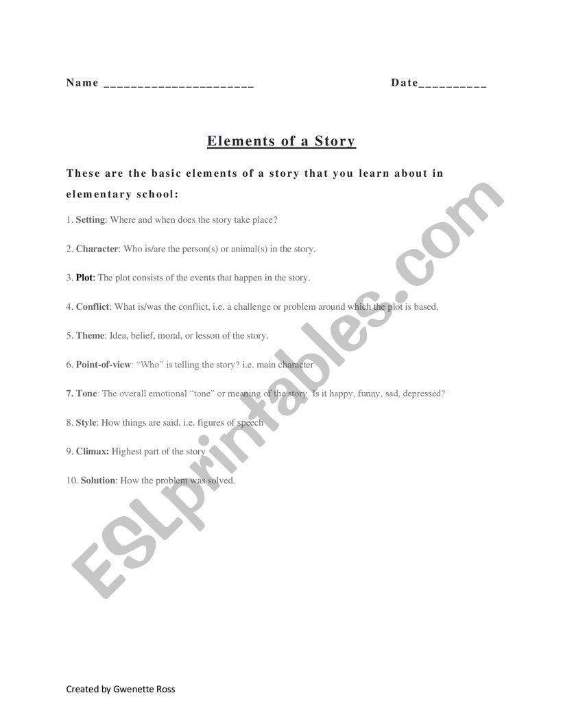 Elements of a Story worksheet